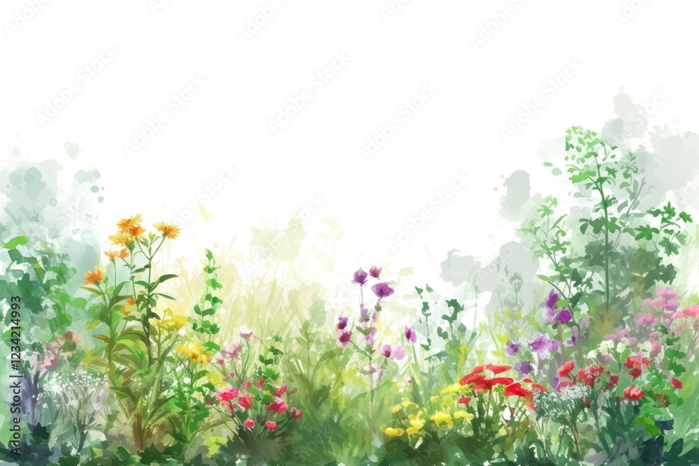 Sticker Summer garden border nature landscape painting.