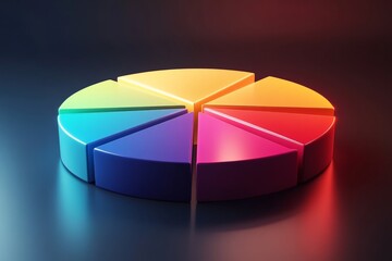 Obraz premium Colorful pie chart model with distinct segments illuminated against a dark background, showcasing a modern design style