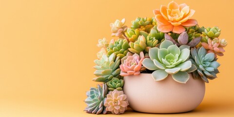 Fototapeta premium Succulent plants arrangement on pastel colored background. Potted succulent house plants. Flat lay, top view, copy space