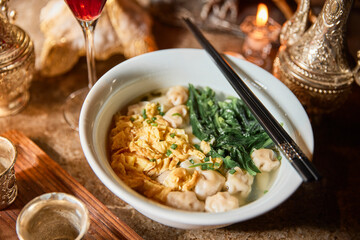Chinese traditional noodle soup richly decorated atmosphere drinks and decorative ornaments