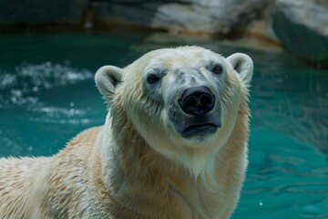 Fototapeta premium Polar bear swimming in blue water, enjoying a refreshing bath in its enclosure