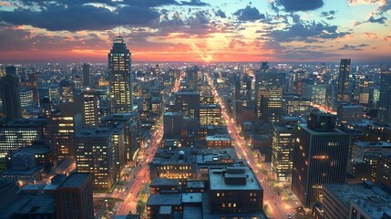 Fototapeta premium Cityscape at Sunset Illuminated Buildings and Streets