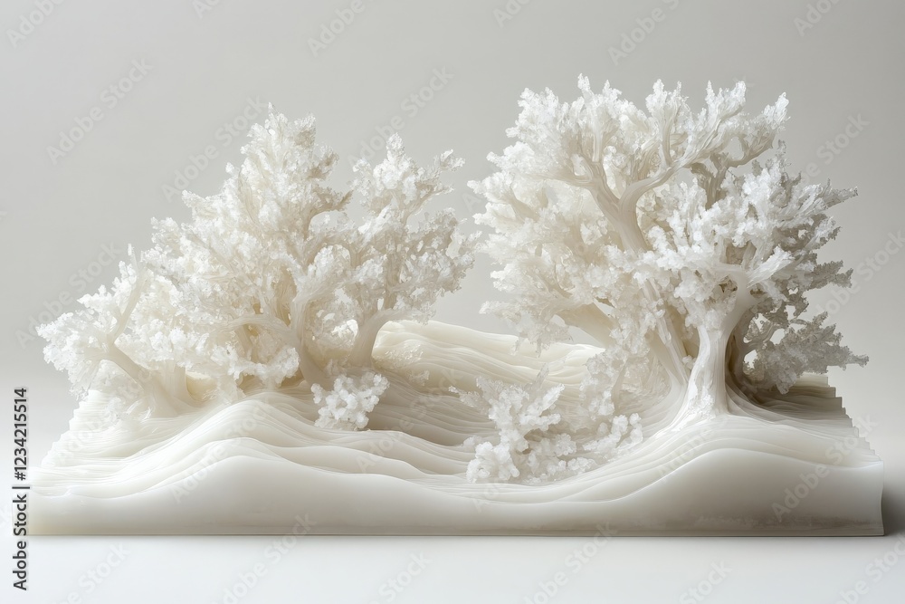 Poster intricate white sculpture depicting serene trees and flowing landscape in minimalist style