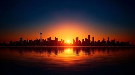 Fototapeta premium Dark Silhouette City Skyline at Vibrant Sunset with Water