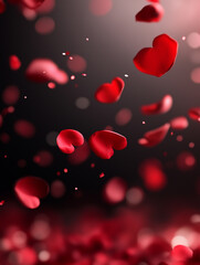 Obraz premium A beautiful Valentine's Day background featuring red hearts, rose petals, and a dark elegant surface, perfect for love and romantic themes. 