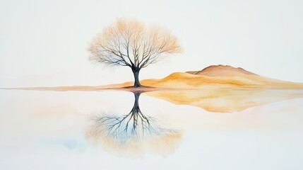Solitary tree reflecting in calm water, serene landscape, peaceful nature scene