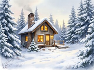 Cozy winter cabin in snowy forest with warm lights at dusk