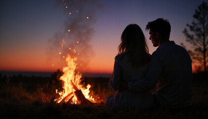 Couple enjoying campfire at sunset