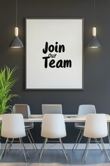 Modern recruitment poster mockup with "Join Our Team" on office wall
