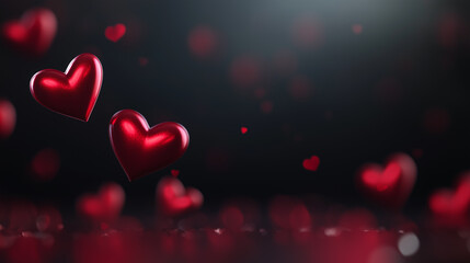 A beautiful Valentine's Day background featuring red hearts, rose petals, and a dark elegant surface, perfect for love and romantic themes.  
