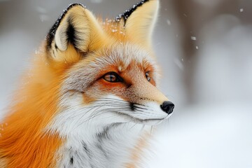 Fototapeta premium Red fox in winter landscape with snowflakes gently falling on a serene day