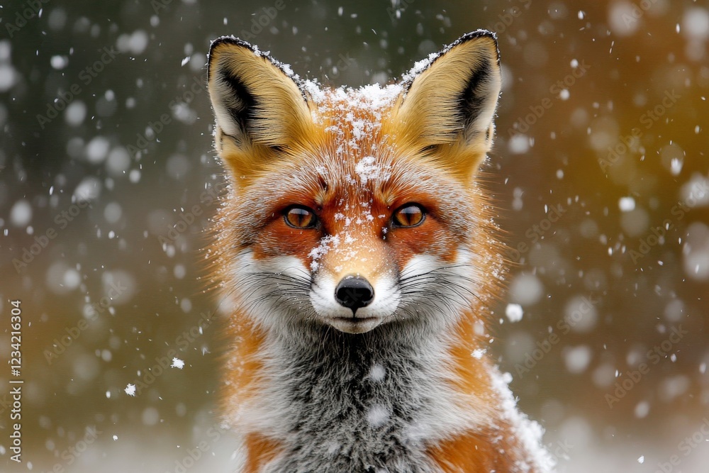 Poster fox with snowflakes on its fur in a winter landscape enjoying the snowy weather