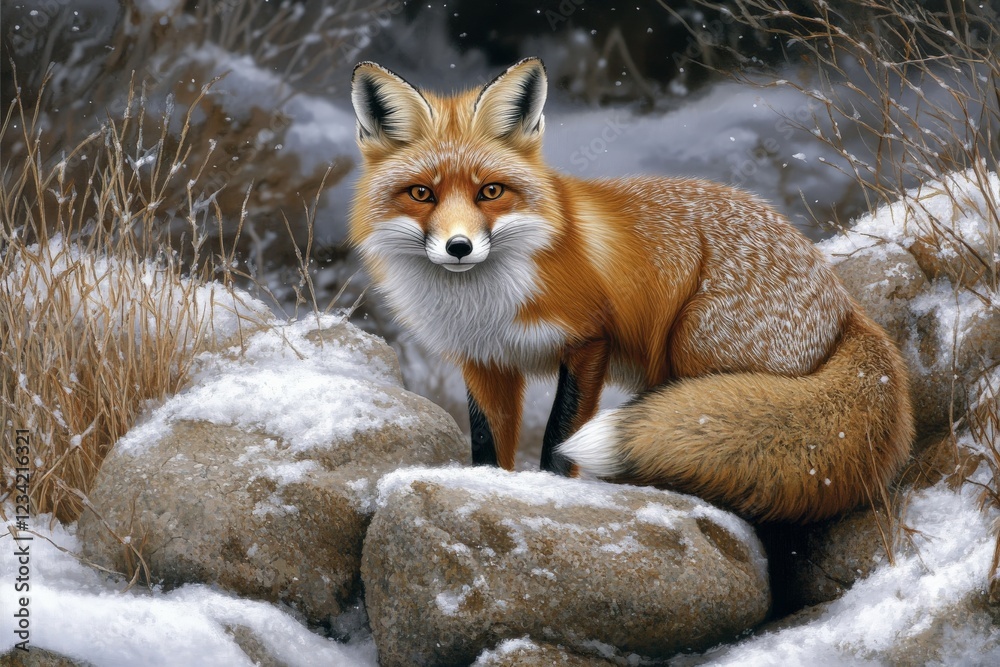 Poster red fox resting on snow-covered rocks during a calm winter day in a natural setting