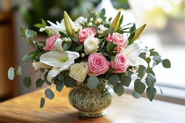 An elegant floral arrangement in a decorative vase featuring pink roses, white lilies, and lush green foliage, placed on a wooden table with soft natural light