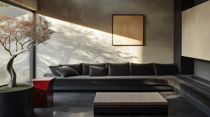 Generative AI, Japanese-Inspired Minimalist Living Room with Monochrome Aesthetics