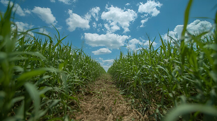 Obraz premium Lush green field path, summer sky, rural landscape, agriculture