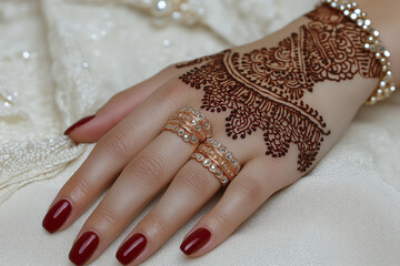 Intricate Henna Design Adorned with Sparkling Rings