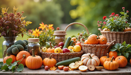 Colorful harvest display of pumpkins and vegetables in a garden