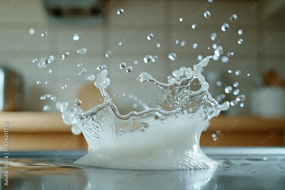 Poster water splashes beautifully on a surface creating dynamic droplets in a well-lit kitchen setting