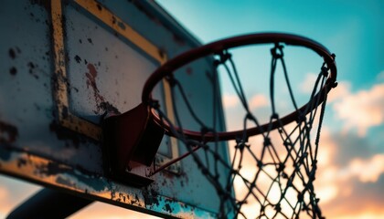 Rustic basketball hoop against vibrant sunset sky