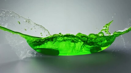 Dolly in video, side light, establishing, green liquid splash, minimalist grey plane, long shadows, central impact point, depth