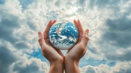 Cupped hands holding globe merging into cloudy sky, symbolizing responsibility