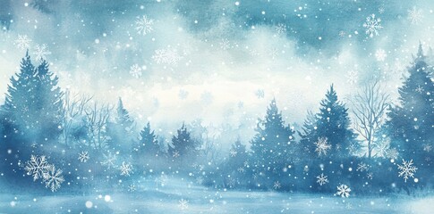 A Watercolor Painting of a Snowy Winter Forest