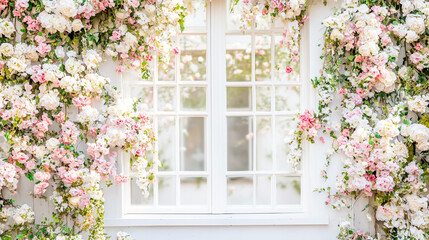 Elegant wedding photography backdrop featuring a white window adorned with beautiful flowers