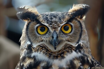 Obraz premium Close up of great horned owl showing its intense stare, yellow eyes, and feathered ears