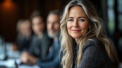 Woman smiles confidently with colleagues in background