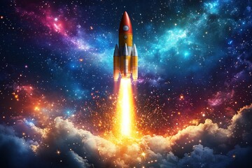 Rocket launching into a vibrant galaxy filled with stars and cosmic colors