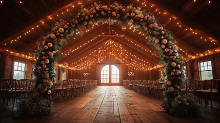 Obraz premium Rustic wedding venue adorned with floral arch, twinkling lights, and elegant wooden decor