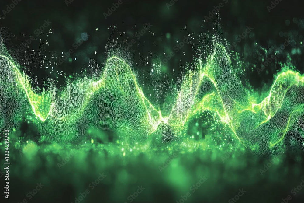 Poster Vibrant green wave patterns creating an abstract digital landscape influenced by sound and light