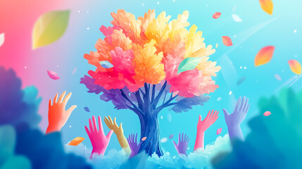 Giving and social responsibility concept illustration with colorful hands and a tree. Diverse community and the values of philanthropy