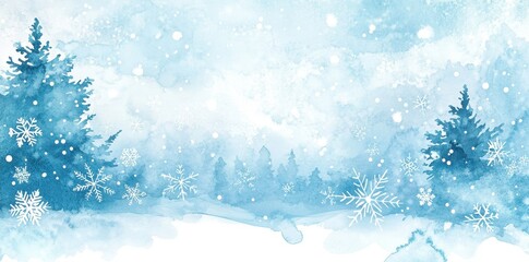 Watercolor Winter Scene with Snowflakes and Trees