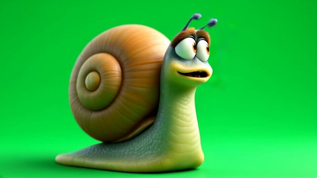Happy cartoon snail on green screen, animation