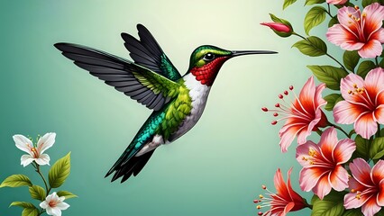 Obraz premium Vibrant hummingbird in flight near hibiscus flowers, digital art. Stunning nature scene.