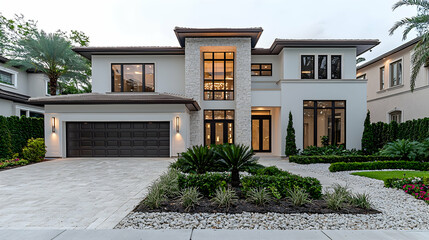 Fototapeta premium Modern luxury two-story mansion with a paved driveway and manicured landscaping under an overcast sky at dusk.