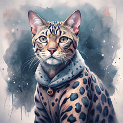 A stunning watercolor composition of a Bengal cat with detailed fur patterns and intense focus