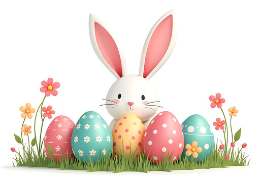 colorful easter design features realistic eggs grass flowers bunny ears vector illustration bright white
