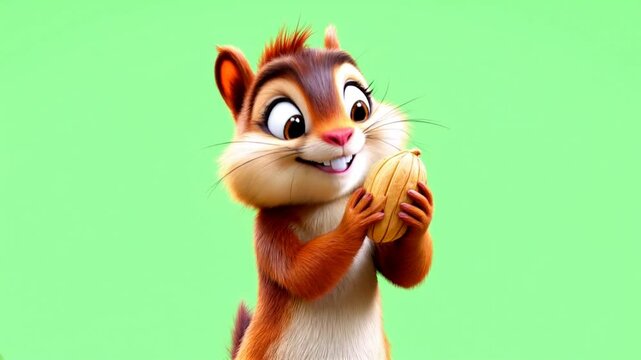 Happy cartoon squirrel holding nut, green screen, animation