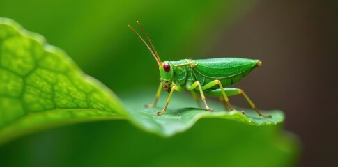 Fototapeta premium Nymph of sickle bush cricket resting on Lunaria annua leaf, insect photography, insect