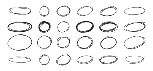 Highlight oval circle hand drawn doodle frames. Free pencil round lines. Round brush mark. © Yanka