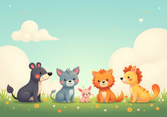 colorful vector cartoon features adorable animals serene sky
