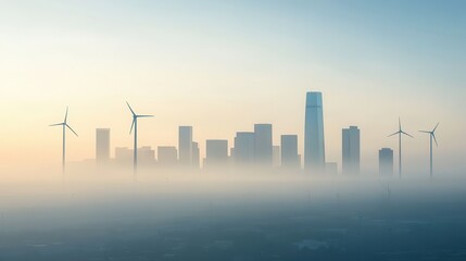 Obraz premium Urban Skyline with Wind Turbines Amidst Morning Fog and Light
