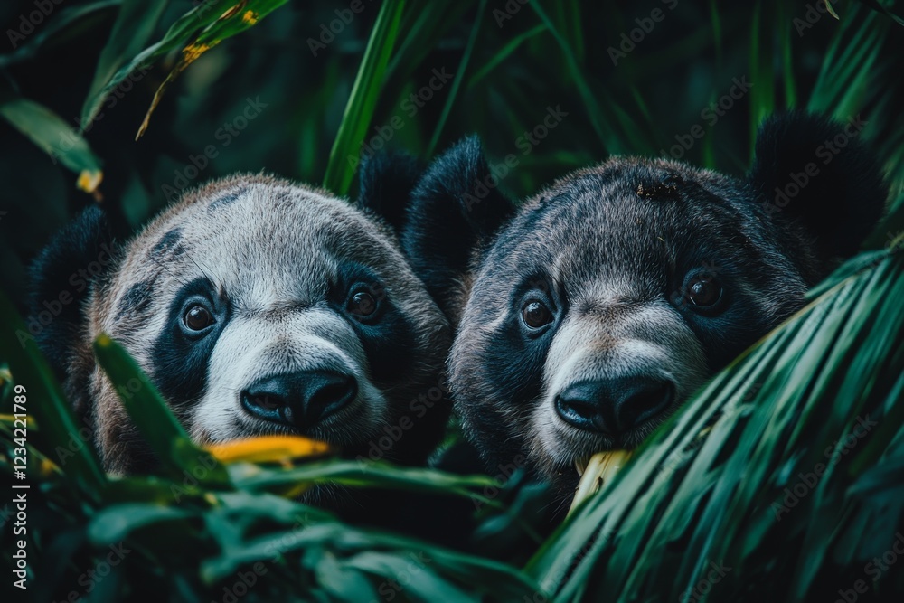 Poster two young pandas peek through lush green foliage while enjoying bamboo in a serene habitat