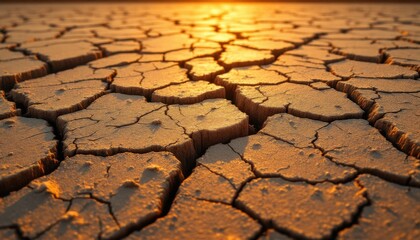 Cracked earth at sunset highlighting drought and climate change impact