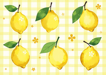 Obraz premium cute lemon vector illustrations watercolor style floral patterns yellow checkered