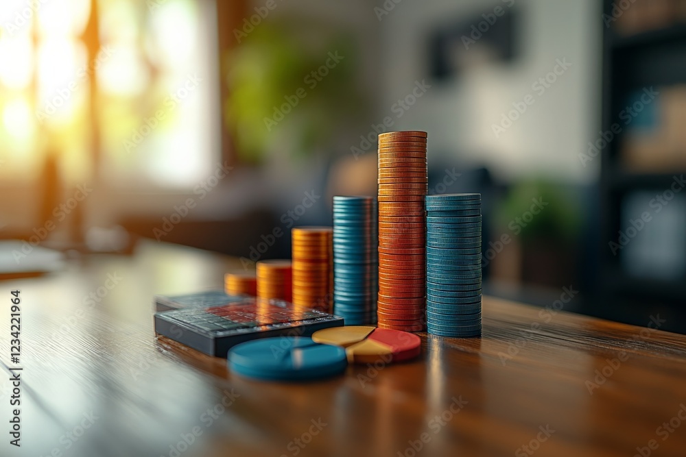 Poster stacks of colorful coins arranged on a wooden table in a well-lit room