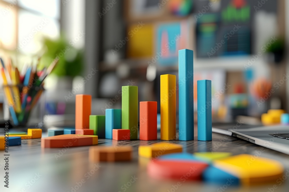 Poster Colorful wooden blocks representing data analysis on a desk in a bright workspace setting
